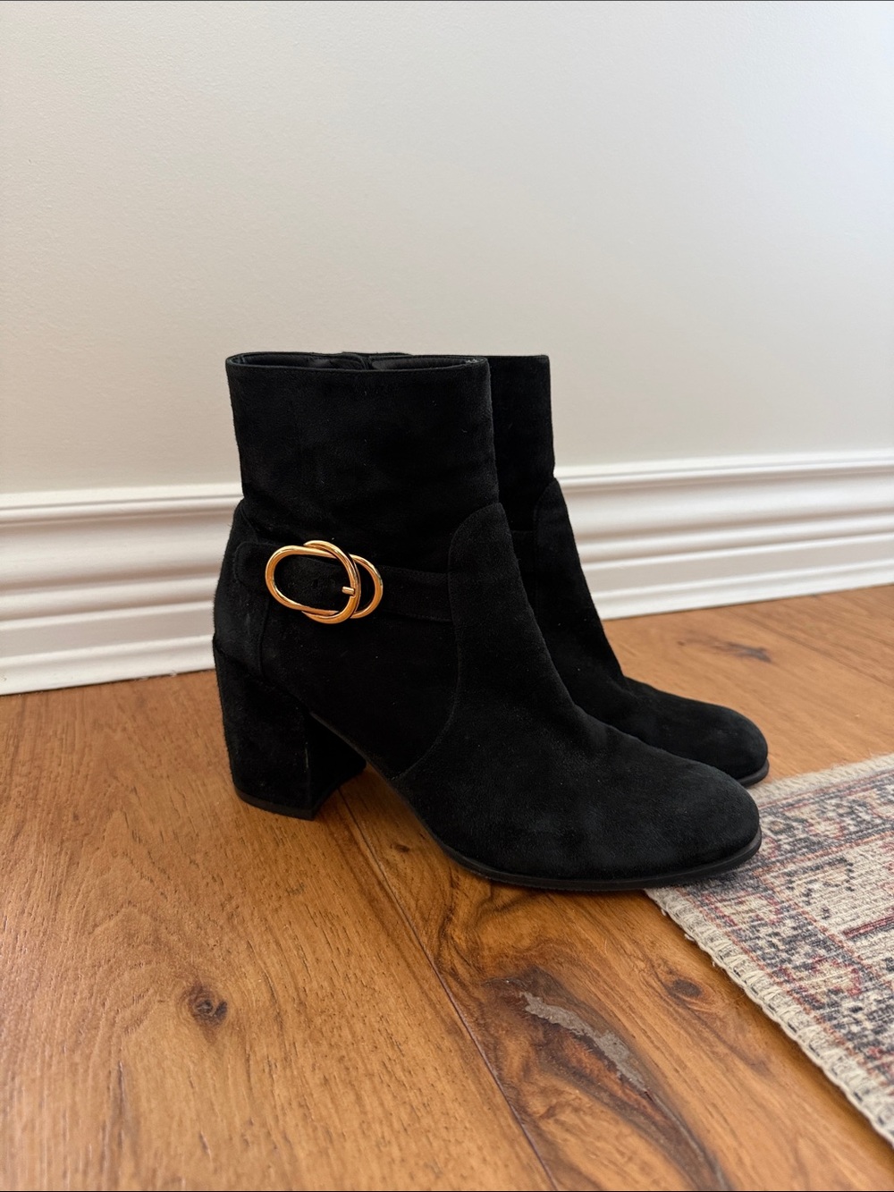 Stuart Weitzman Black Suede Ankle Boots with Gold Buckle